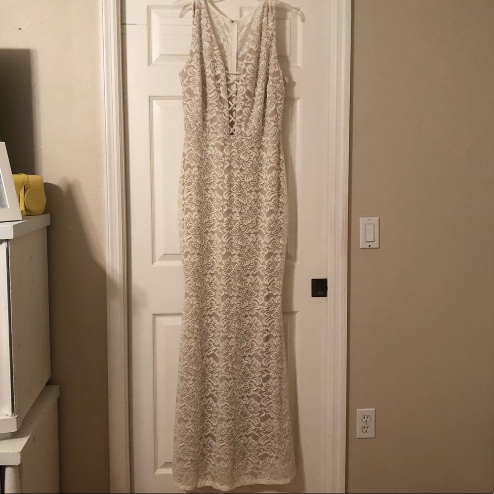 Sexy ivory lace floor length gown